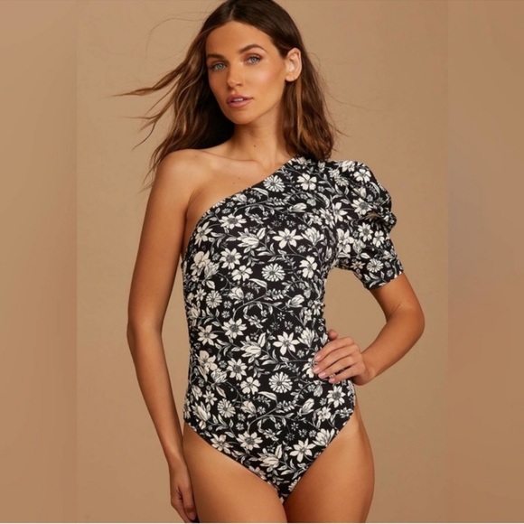 Free People Something Bout You Bodysuit Black White Floral Puff Sleeve XS - Picture 1 of 3